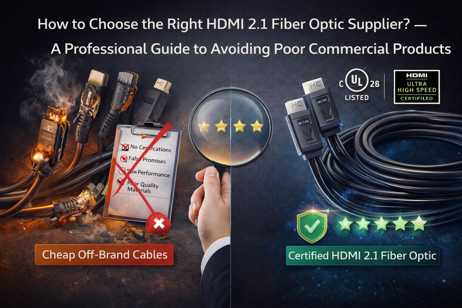 كيف تختار المورد الصحيح لكابل HDMI 2.1 بالألياف الضوئية؟ — دليل احترافي لتجنّب المنتجات التجارية الرديئة